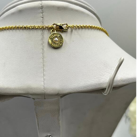 TORY BURCH Designer Gold Plated Faux White Glass Pearl Station Necklace 34" - Picture 5 of 7